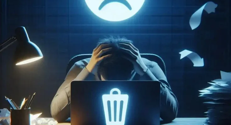 Person stressed after accidentally deleting important files from computer