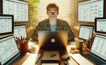 Person testing multiple project management tools on laptop screens Asana Trello ClickUp