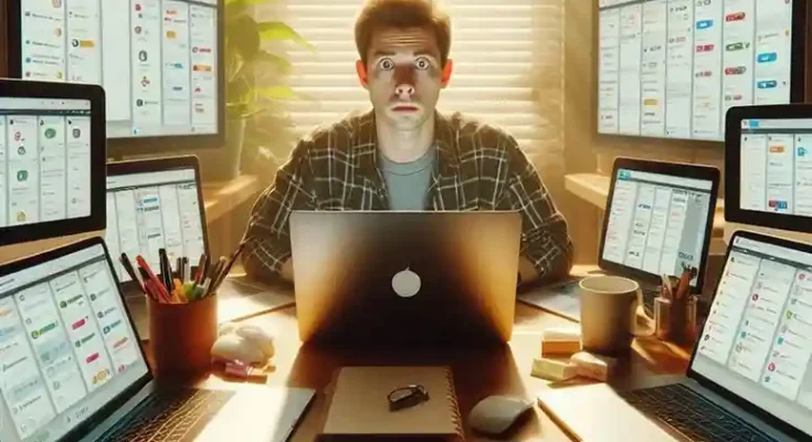 Person testing multiple project management tools on laptop screens Asana Trello ClickUp