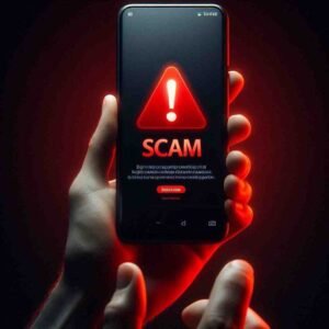 Smartphone showing scam warning alert for freelancer payment safety