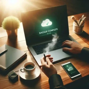 Person feeling secure and relaxed after setting up automatic backups on laptop and cloud