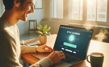 Happy freelancer earning first 100 dollars using AI on laptop