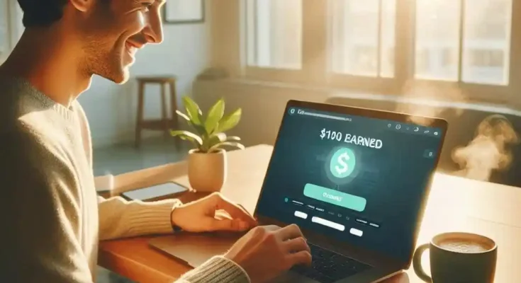 Happy freelancer earning first 100 dollars using AI on laptop