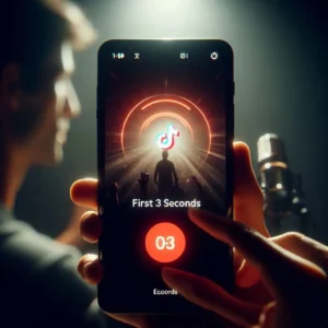 TikTok video recording showing first 3 seconds highlighted as critical for hook