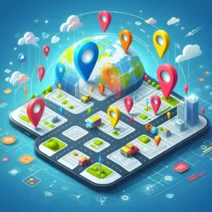 Map with multiple GPS pins and a smartphone, showing location tracking and how apps use GPS to provide services.