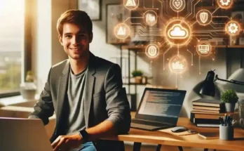 High paying tech skills 2026 floating icons around confident professional at laptop
