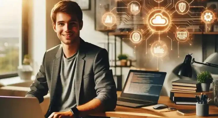 High paying tech skills 2026 floating icons around confident professional at laptop