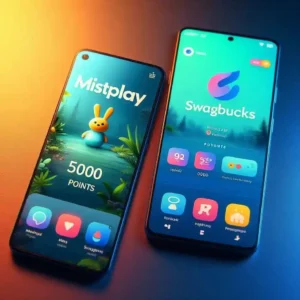 Split screen showing Mistplay and Swagbucks reward apps with points earned for playing games