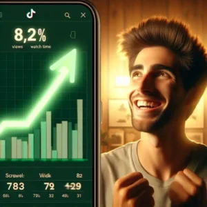 Split screen showing TikTok video analytics dashboard - left side shows 87,000 views and 72% watch time with green upward arrow, right side shows proud creator smiling, warm lighting, realistic, achievement celebration, 8K, 16:9