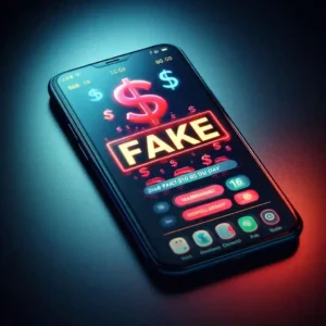  Fake scam app promising 100 dollars per day with red warning stamp showing red flags