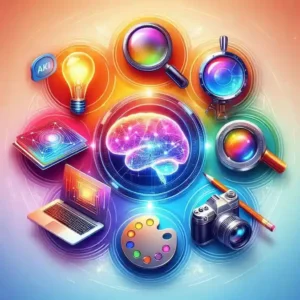 Six freelancing skill icons showing AI web development SEO video editing design and writing