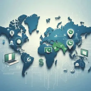 Map showing freelancers in Pakistan and India earning dollars from USA and Europe clients