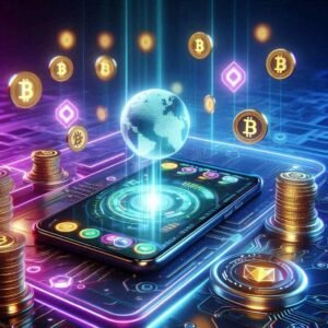Play to earn mobile game with cryptocurrency rewards concept