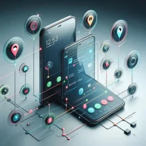 Smartphone with icons representing camera, microphone, location, contacts, and storage connected with digital lines, illustrating how phones collect data