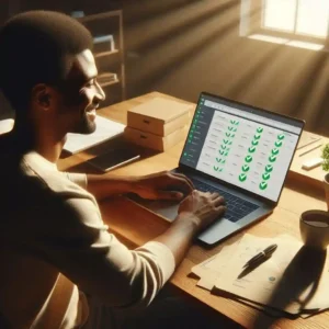 Relaxed person with organized project management dashboard showing completed tasks