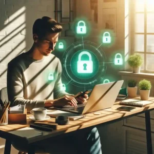 Confident person feeling secure with data protection showing green security locks