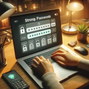 Password manager dashboard showing stored strong passwords on laptop screen