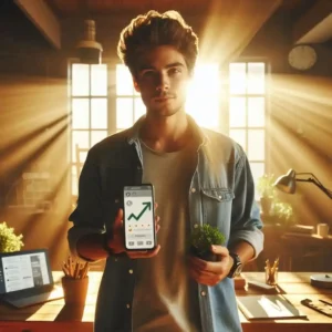 Confident TikTok creator ready to go viral with an upward-trending graph on phone