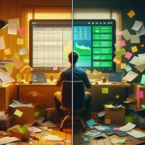 Before and after using project management tools showing chaos to organization transformation