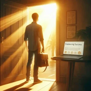 Person ready to start freelancing journey standing at bright doorway of opportunity
