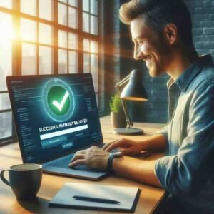 Happy freelancer receiving successful international payment on laptop