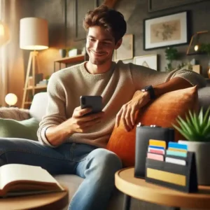Relaxed person earning side income from mobile games holding smartphone with gift cards
