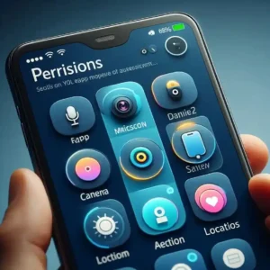 Smartphone screen showing app permission pop-ups for microphone, camera, and location, highlighting security choices and privacy control.