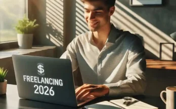 Confident freelancer working from home with laptop showing freelancing success in 2026