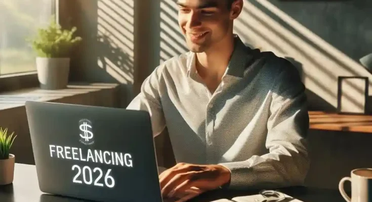 Confident freelancer working from home with laptop showing freelancing success in 2026