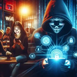 Public Wi-Fi hacking concept showing hacker intercepting data from smartphone