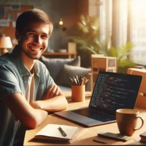 Confident person smiling while working on Linux terminal after learning successfully
