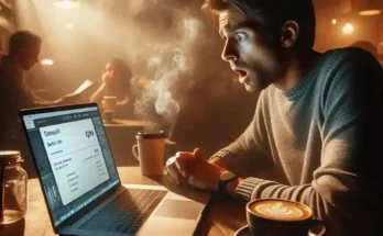 Shocked person at coffee shop seeing $500 stolen from bank account on laptop