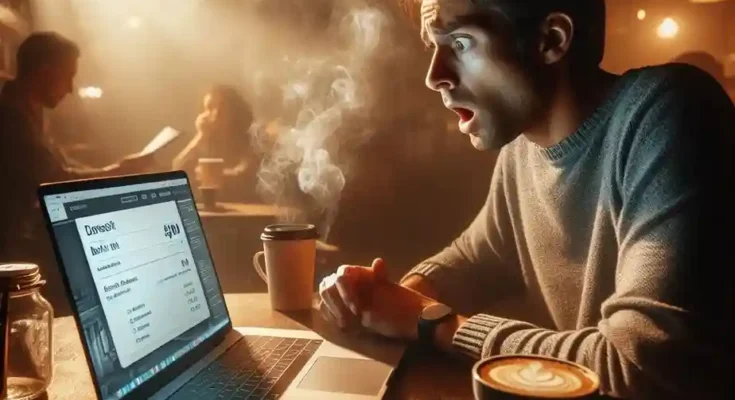 Shocked person at coffee shop seeing $500 stolen from bank account on laptop