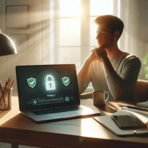 Person feeling secure after checking privacy settings and protecting online data