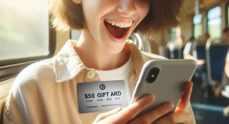 Happy person earning 50 dollars playing mobile games on smartphone during commute