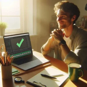 Relaxed video editor with completed project showing success after choosing right tool