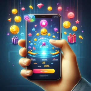 Mobile gaming rewards system showing coins and earning notifications