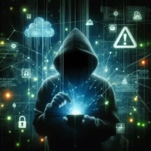 Hacker with code surrounding a smartphone, warning symbols for malware and data breaches, representing online privacy risks