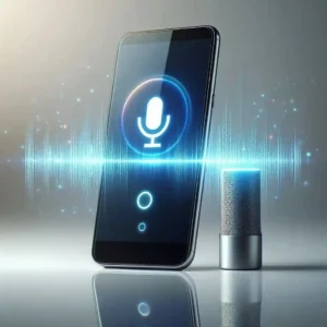Smartphone with voice assistant icon and sound waves emitting from the microphone, illustrating voice assistant activation and listening feature