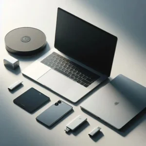 Desk setup with laptop smartphone USB drive and external hard drive for backups