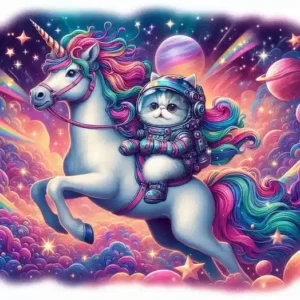 AI generated image of cat in spacesuit riding unicorn for viral TikTok video