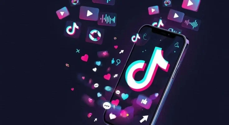 Illustration of viral TikTok videos on a smartphone with likes, hearts, and trending icons