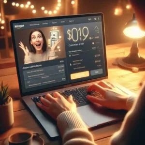 Amazon affiliate dashboard showing $0.09 commission earned from a sale, laptop screen close up, excited person's hands on keyboard, warm lighting, realistic, 16:9