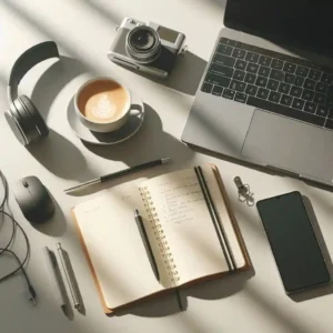 Freelancer daily workspace setup with laptop coffee notebook and phone