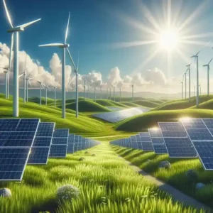 Solar panel farm and wind turbines renewable clean energy future technology