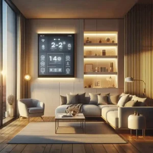 Modern smart home interior with automated lighting temperature and security