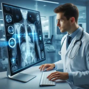 Doctor using AI assistant to analyze medical scan future healthcare technology