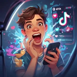 TikTok creator filming reaction videos with expressive emotions