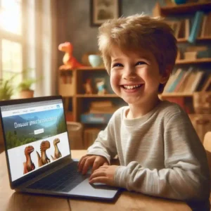 Young boy building website using AI tool on laptop future generation learning technology