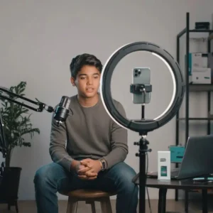 Recording a tech YouTube video using smartphone and tripod